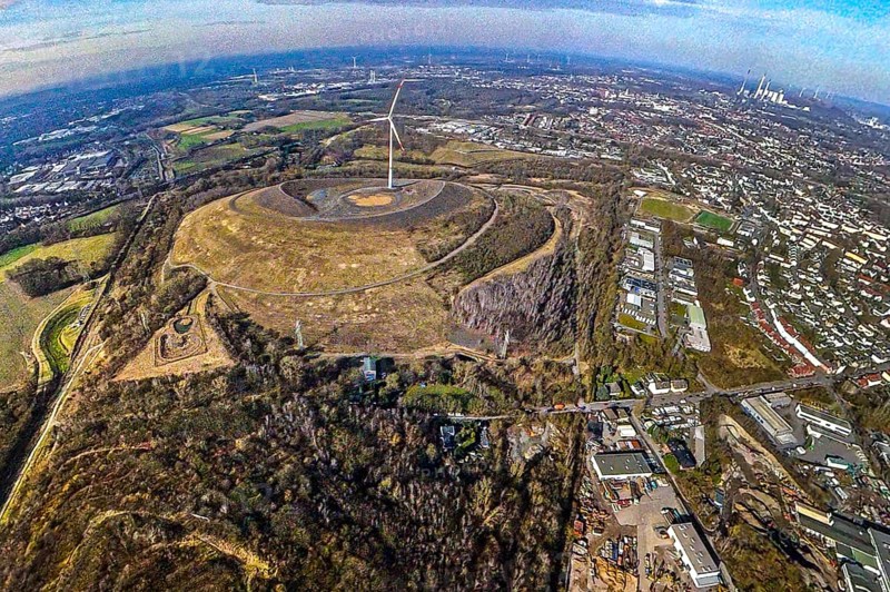 Aerial view, Mottbruchhalde with wind turbine wind power plant, behind the Uniper power plant Gelesenkirchen, globe, fisheye image, 360 degree image, tiny world, little planet, fisheye image, Brauck, Gladbeck, Ruhr area, North Rhine-Westphalia, Germany