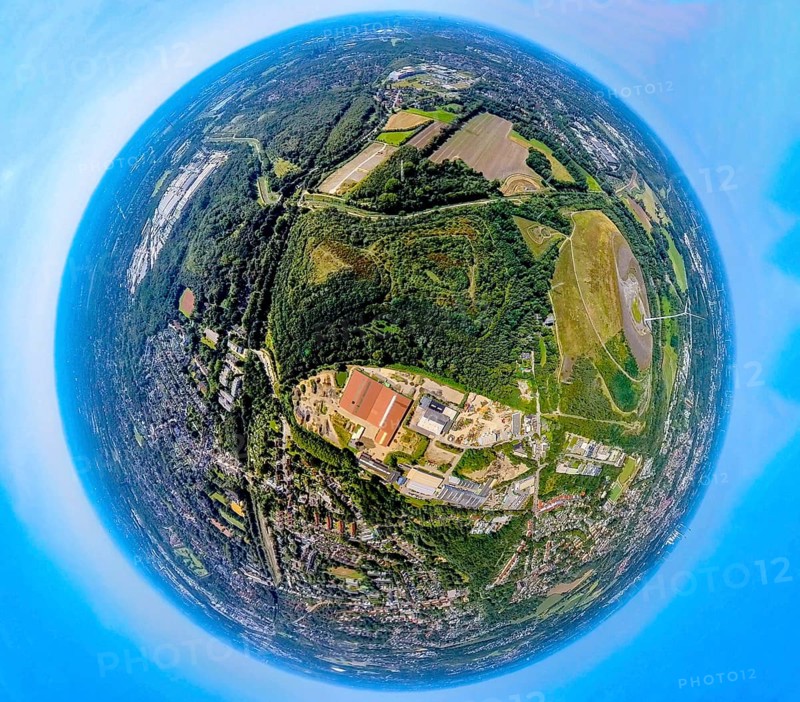Aerial view, tailings pile Heringstraße, forest area and river Boye, industrial area Boystraße, earth globe, fisheye image, 360 degree image, tiny world, little planet, fisheye image, Brauck, Gladbeck, Ruhr area, North Rhine-Westphalia, Germany