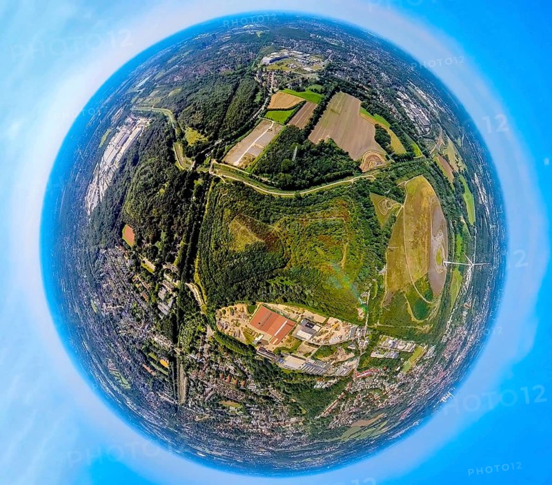 Aerial view, tailings pile Heringstraße, forest area and river Boye, industrial area Boystraße, earth globe, fisheye image, 360 degree image, tiny world, little planet, fisheye image, Brauck, Gladbeck, Ruhr area, North Rhine-Westphalia, Germany