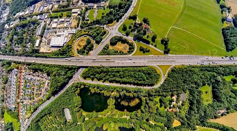 Aerial view, motorway A2, junction Essen/Gladbeck, federal road B224, truck in the exit loop, globe, fisheye image, fisheye image, 360 degree image, tiny world, little planet, fisheye image, Butendorf, Gladbeck, Ruhr area, North Rhine-Westphalia, Germany