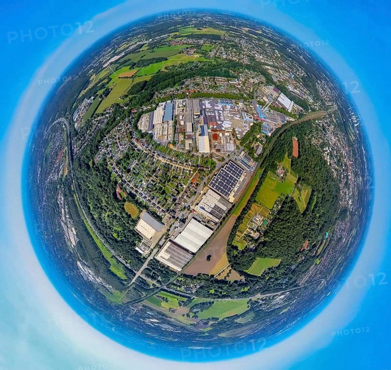 Aerial view, Rockwool industrial estate, Rockwool factory premises, Bottroper Straße and Beisenstraße industrial estate, Earth globe, fisheye image, 360 degree image, tiny world, little planet, fisheye image, Zweckel, Gladbeck, Ruhr area, North Rhine-Westphalia, Germany