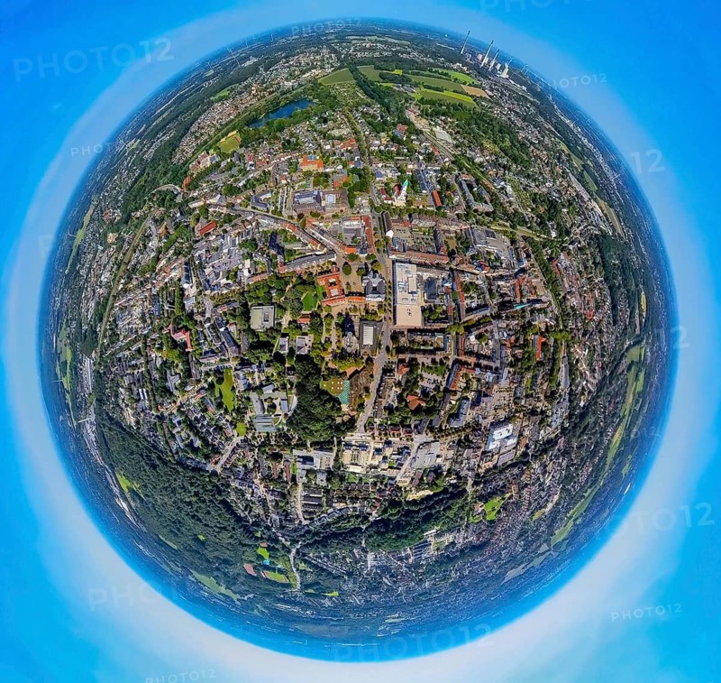Aerial view, new and old town hall with high-rise building Sparkasse Gladbeck - head office, earth globe, fisheye image, 360 degree image, tiny world, little planet, fisheye image, Gladbeck, Ruhr area, North Rhine-Westphalia, Germany