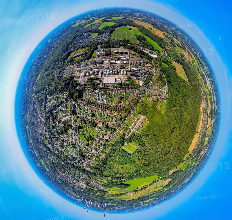 Aerial view, district Zweckel with Ineos Phenol GmbH chemical plant, Zweckeler Wald, residential area Serlostraße and gardens with swimming pool, earth globe, fisheye image, 360 degree image, tiny world, little planet, fisheye image, Zweckel, Gladbeck, Ruhr area, North Rhine-Westphalia, Germany