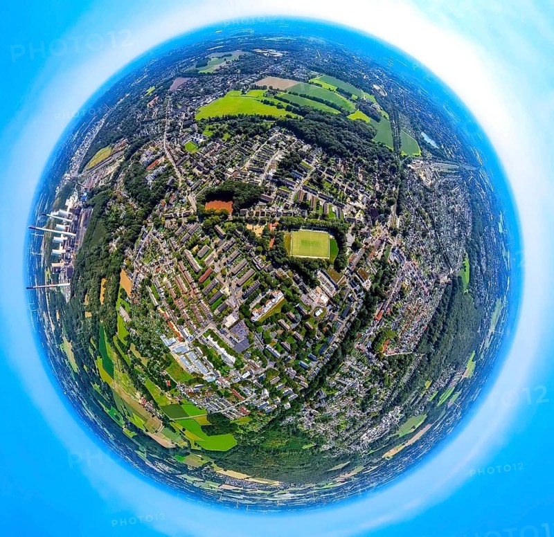 Aerial view, football stadium sports field SV Zweckel 23 e.V. football club, residential area Zweckel, earth globe, fisheye image, 360 degree image, tiny world, little planet, fisheye image, Zweckel, Gladbeck, Ruhr area, North Rhine-Westphalia, Germany