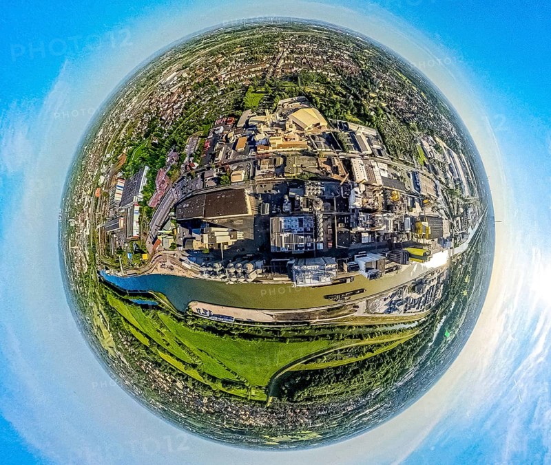 Aerial view, Hamm harbour on the Datteln-Hamm canal with inland waterway, globe, fisheye image, 360 degree image, tiny world, little planet, fisheye image, centre, Hamm, Ruhr area, North Rhine-Westphalia, Germany