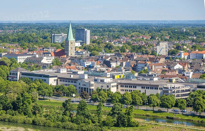 Aerial view, view from the Datteln-Hamm canal to the city centre, Allee-Center and Pauluskirche, Mitte, Hamm, Ruhr area, North Rhine-Westphalia, Germany