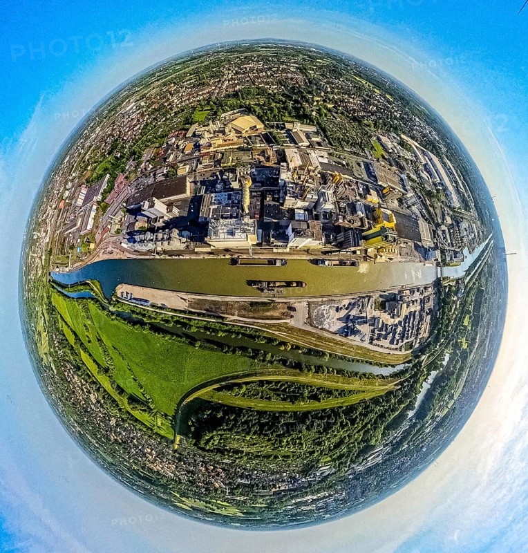 Aerial view, Hamm harbour on the Datteln-Hamm canal with inland waterway, globe, fisheye image, 360 degree image, tiny world, little planet, fisheye image, centre, Hamm, Ruhr area, North Rhine-Westphalia, Germany