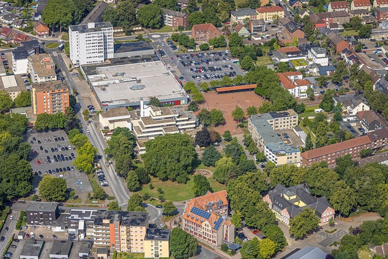 Aerial view, Rathaus-Center and Höveler Markt, Bürgeramt Terrassenhaus, car parks, Bockum-Hövel, Hamm, Ruhr area, North Rhine-Westphalia, Germany