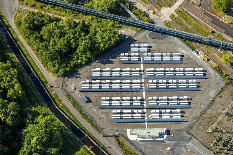 Aerial view, battery storage site of RWE power plant Westfalen, Uentrop, Hamm, Ruhr area, North Rhine-Westphalia, Germany