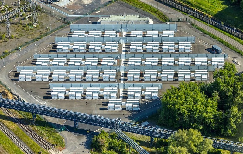 Aerial view, battery storage site of RWE power plant Westfalen, Uentrop, Hamm, Ruhr area, North Rhine-Westphalia, Germany