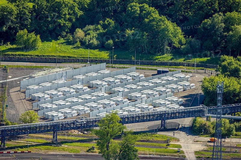 Aerial view, battery storage site of RWE power plant Westfalen, Uentrop, Hamm, Ruhr area, North Rhine-Westphalia, Germany