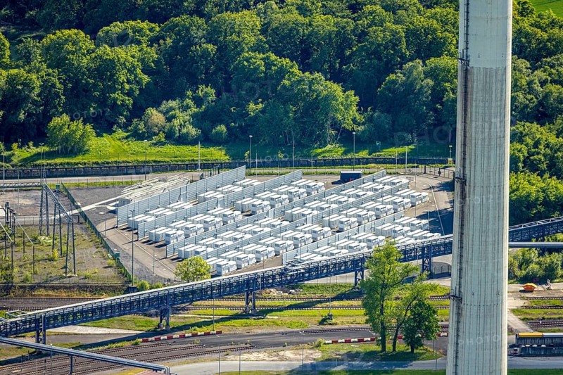 Aerial view, battery storage site of RWE power plant Westfalen, Uentrop, Hamm, Ruhr area, North Rhine-Westphalia, Germany