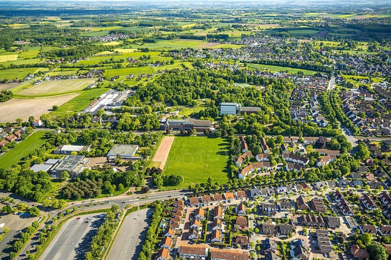 Aerial view, Maximilianpark entrance area and glass elephant, Uentrop, Hamm, Ruhr area, North Rhine-Westphalia, Germany