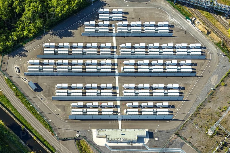 Aerial view, battery storage site of RWE power plant Westfalen, Uentrop, Hamm, Ruhr area, North Rhine-Westphalia, Germany