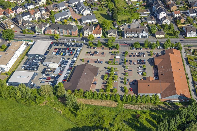 Aerial view, shopping centre with Edeka Weber and Aldi supermarket, Excellence Cars car dealership, Pelkum district, Hamm, Ruhr area, North Rhine-Westphalia, Germany