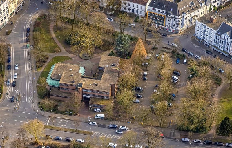 Aerial view, Michaelshaus community centre and meeting place, Urbanus Park and car parks, Buer, Gelsenkirchen, Ruhr area, North Rhine-Westphalia, Germany