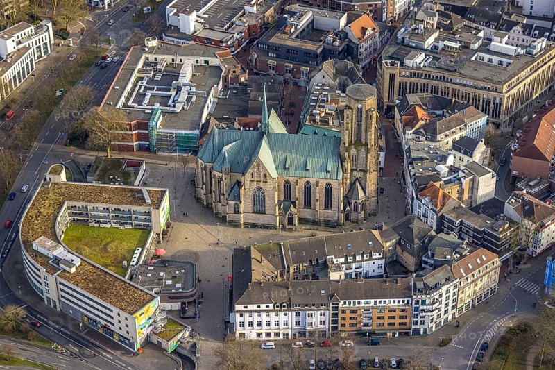 Aerial view, St. Urbanus Catholic Church and church square, commercial buildings and shopping centre on De-La-Chevallerie-Straße, Buer, Gelsenkirchen, Ruhr area, North Rhine-Westphalia, Germany