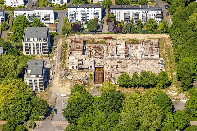 Aerial view, construction site and new apartment blocks on Goldbergstraße, ruins, Buer, Gelsenkirchen, Ruhr area, North Rhine-Westphalia, Germany