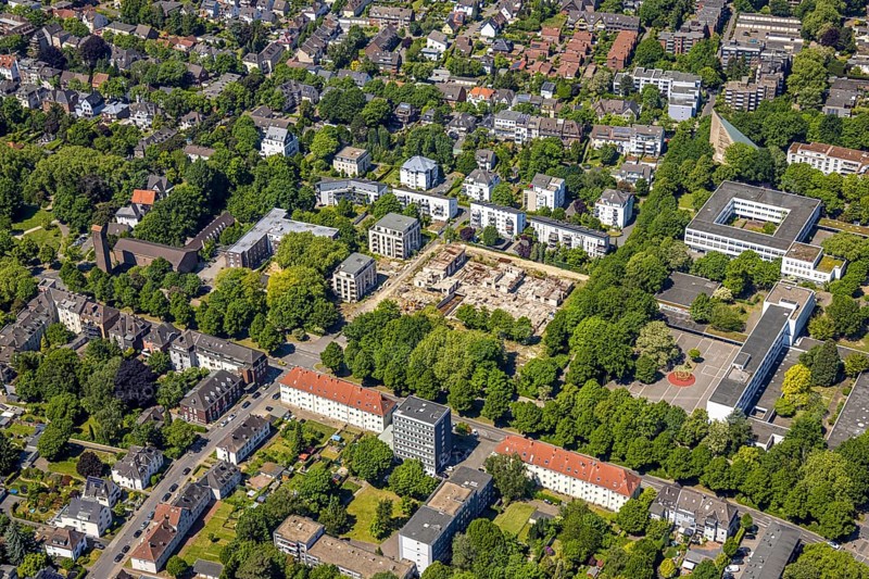 Aerial view, construction site and new apartment blocks on Goldbergstraße, ruins, Buer, Gelsenkirchen, Ruhr area, North Rhine-Westphalia, Germany