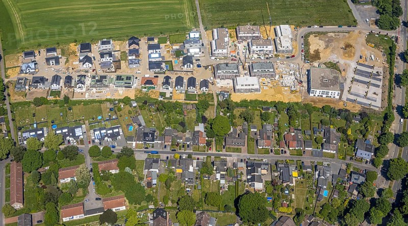 Aerial view, construction site and new housing estate WohnSiedlung Am Glückauf Park Hassel - Park des Wandels, Hassel, Gelsenkirchen, Ruhr area, North Rhine-Westphalia, Germany