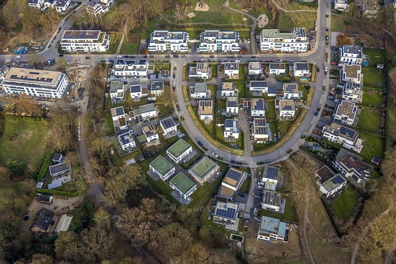 Aerial view, new development area Am Buerschen Waldbogen, Zur Marienkapelle, semi-circular housing estate, Resse, Gelsenkirchen, Ruhr area, North Rhine-Westphalia, Germany