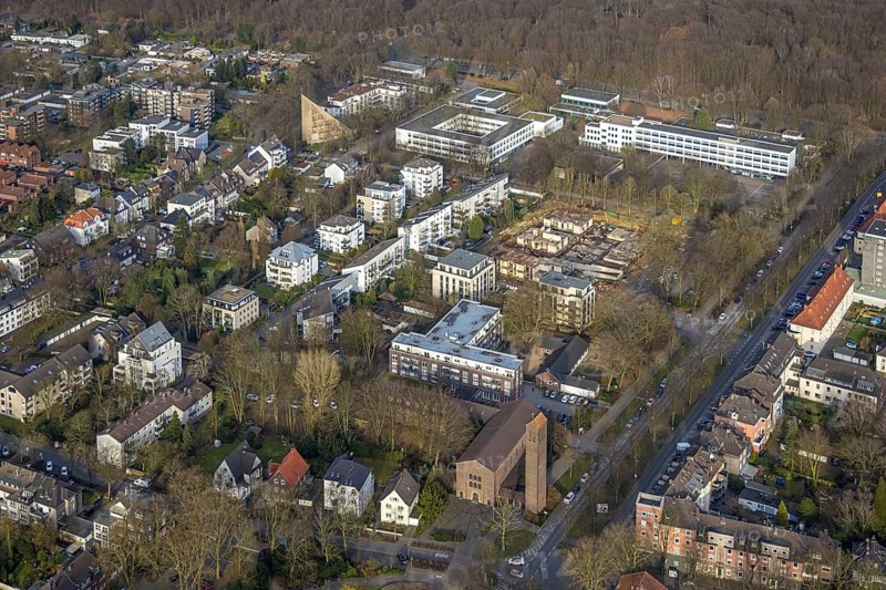 Aerial view, construction site and new building for apartment blocks on Goldbergstraße, Max-Planck-Gymnasium and Annette-von-Droste-Hülshoff-Gymnasium, at the back left the Protestant Stephanuskirche, Buer, Gelsenkirchen, Ruhr area, North Rhine-Westphalia, Germany