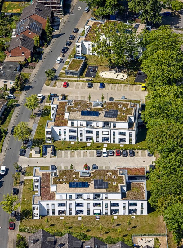 Aerial view, Schützenstraße development area, green roof, Hamm, Ruhr area, North Rhine-Westphalia, Germany
