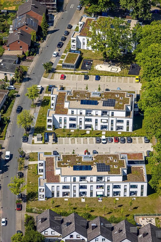Aerial view, Schützenstraße development area, green roof, Hamm, Ruhr area, North Rhine-Westphalia, Germany