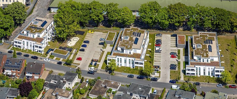 Aerial view, Schützenstraße development area, green roof, Hamm, Ruhr area, North Rhine-Westphalia, Germany