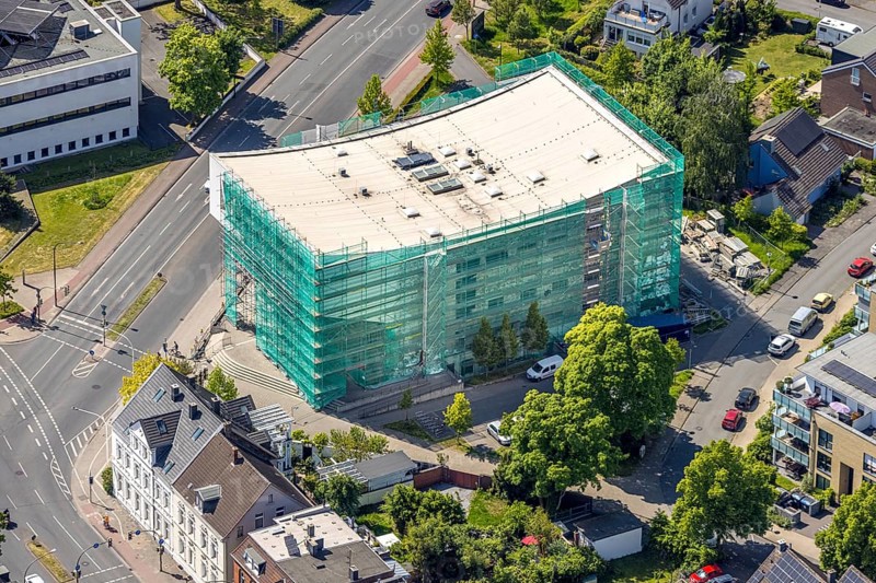 Aerial view, renovation of the municipal music school, construction site with scaffolding and cladding, centre, Hamm, Ruhr area, North Rhine-Westphalia, Germany