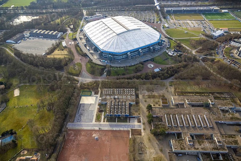 Aerial view, Berger Feld comprehensive school at the Bundesliga stadium Veltins-Arena of FC Schalke 04, also known as Arena AufSchalke football stadium, Erle, Gelsenkirchen, Ruhr area, North Rhine-Westphalia, Germany