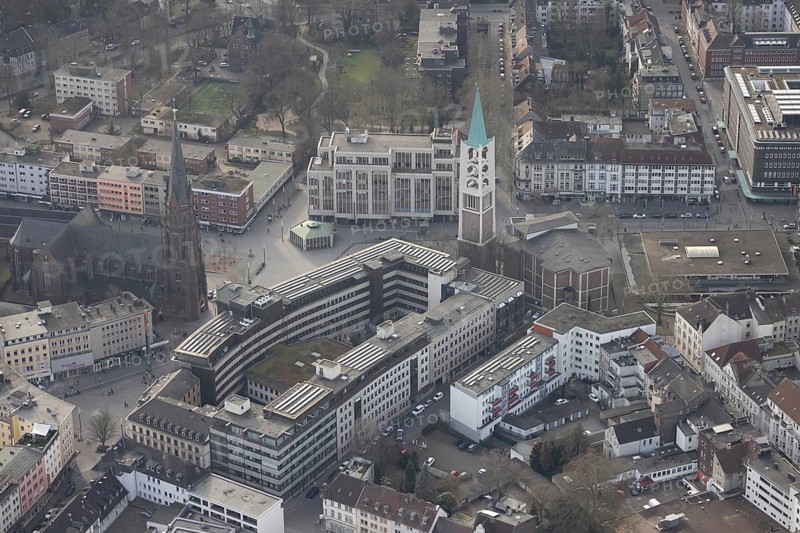Aerial view, city centre view with Heinrich-König-Platz, Ebertstraße and Bahnhofstraße, St. Augustinus Catholic Church and Emmaus Evangelical Church, Old Town, Gelsenkirchen, Ruhr area, North Rhine-Westphalia, Germany