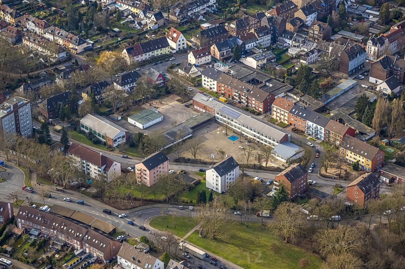 Aerial view, Maltese school with schoolyard, residential area apartment blocks, Neustadt, Gelsenkirchen, Ruhr area, North Rhine-Westphalia, Germany