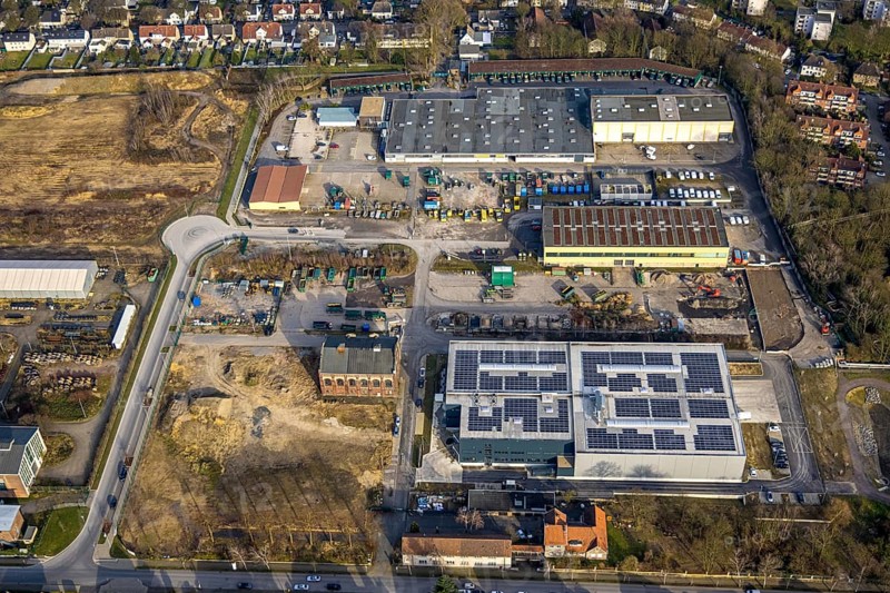 Aerial view, industrial estate Bergmannsglückstraße, site of the former Bergmannsglück colliery on Gartenstadt Körnerstraße, Hassel, Gelsenkirchen, Ruhr area, North Rhine-Westphalia, Germany
