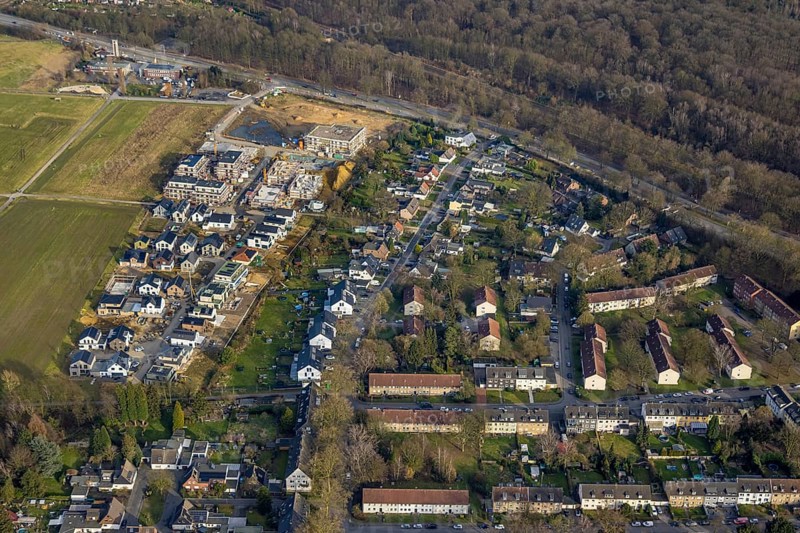 Aerial view, construction site and new housing estate WohnSiedlung Am Glückauf Park Hassel - Park des Wandels, Hassel, Gelsenkirchen, Ruhr area, North Rhine-Westphalia, Germany