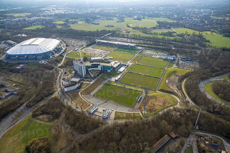 Aerial view, Bundesliga stadium Veltins-Arena of FC Schalke 04, also Arena AufSchalke football stadium, Berger Feld with training pitches and hotel facilities, Erle, Gelsenkirchen, Ruhr area, North Rhine-Westphalia, Germany