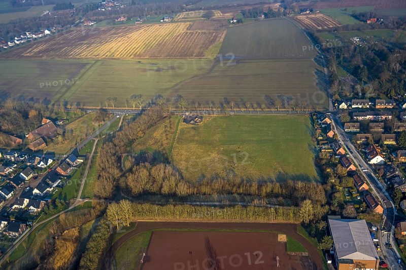 Aerial view, potential construction area south and north of Horster Straße, meadows and fields of Barsener Straße and Lipperandstraße, Bockum-Hövel, Hamm, Ruhr area, North Rhine-Westphalia, Germany