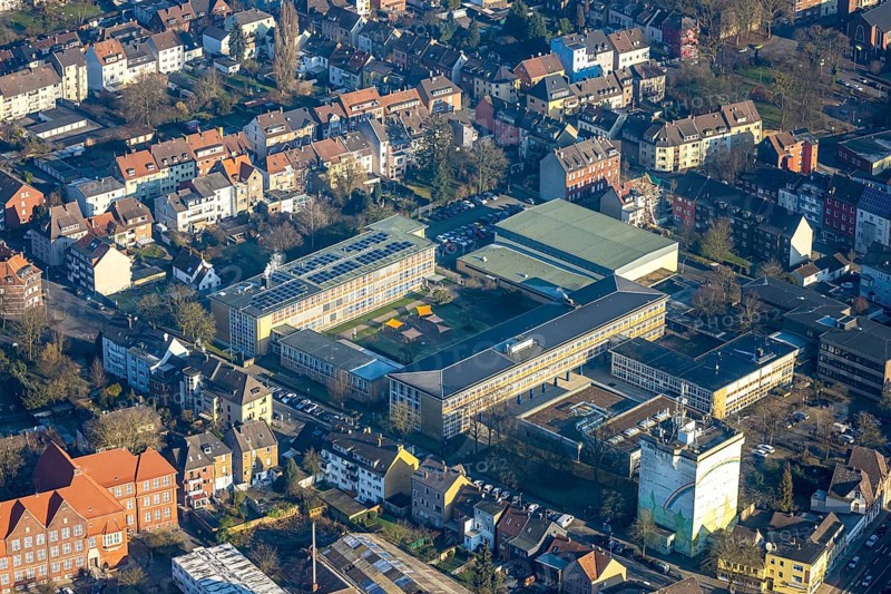 Aerial view, FLBK Friedrich-List-Berufskolleg Hamm and Eduard-Spranger-Berufskolleg, awning in the inner courtyard and solar roof, bunker on Vorheider Weg, centre, Hamm, Ruhr area, North Rhine-Westphalia, Germany