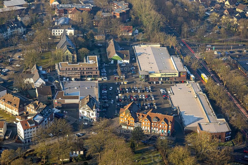 Aerial view, Herringer Markt shopping centre with building site, Edeka supermarket and Aldi supermarket, St. Victor's Church, Herringen district, Hamm, Ruhr area, North Rhine-Westphalia, Germany