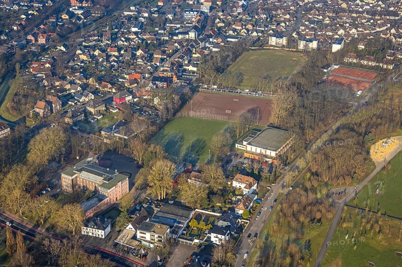 Aerial view, Glück-Auf-Stadion (Glückaufstadion) football stadium and tennis courts, sports facility and surroundings with residential area, Herringen district, Hamm, Ruhr area, North Rhine-Westphalia, Germany