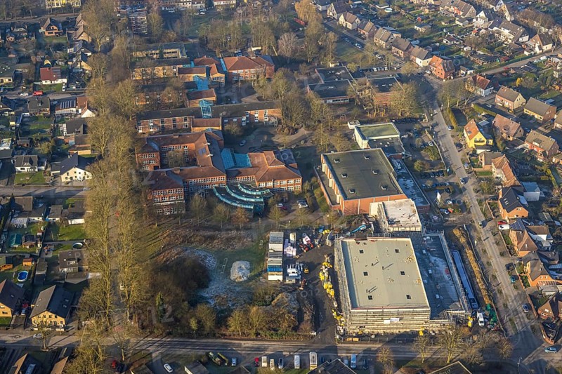 Aerial view, construction site triple gymnasium at Sophie-Scholl-Gesamtschule, Stefanstrasse, Gebrüder-Grimm-Schule primary school, Bockum-Hövel, Hamm, Ruhr area, North Rhine-Westphalia, Germany