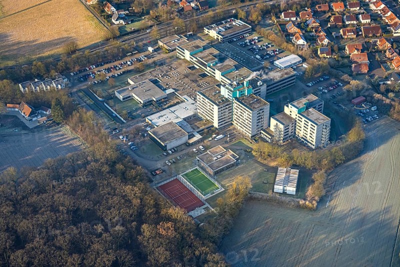 Aerial view, Berufsförderungswerk Hamm educational institution, Feldgarten housing estate, Berufsförderungswerk - new day care centre coming in, Rhynern district, Hamm, Ruhr area, North Rhine-Westphalia, Germany