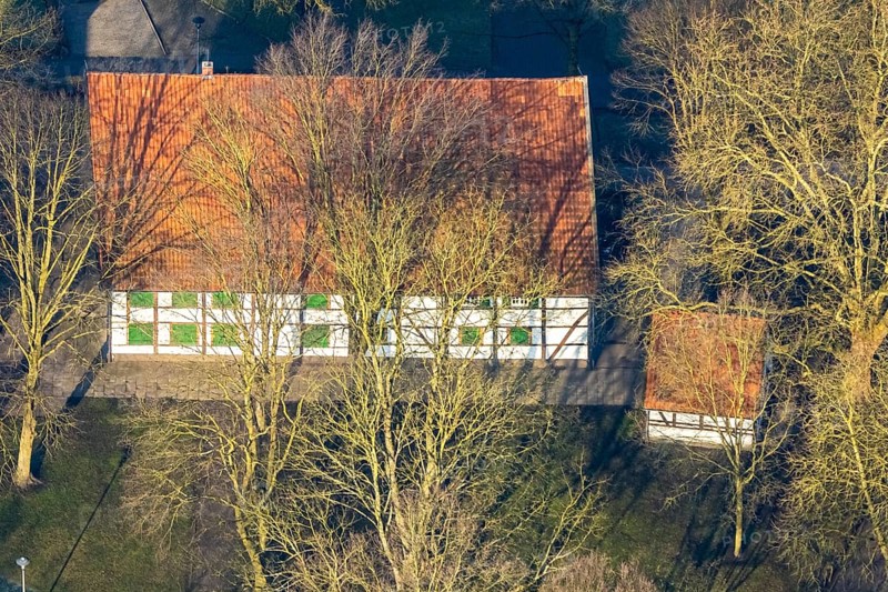 Aerial view, Brokhof half-timbered house, old farmhouse as event venue and cultural centre, Heessen district, Hamm, Ruhr area, North Rhine-Westphalia, Germany