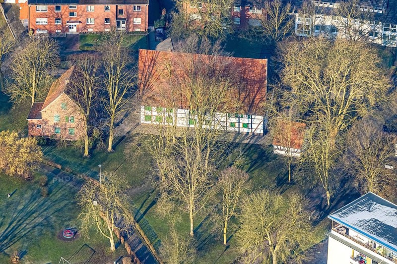 Aerial view, Brokhof half-timbered house, old farmhouse as event venue and cultural centre, Heessen district, Hamm, Ruhr area, North Rhine-Westphalia, Germany