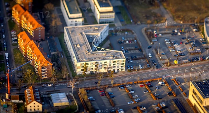 ATTENTION Photos with partial blurring created by tilt technique on the lens side, aerial view, SCI:Q Science Quarter Paracelsuspark, Sci:Q Campusliving, ZFSL Hamm, centre, Hamm, Ruhr area, North Rhine-Westphalia, Germany