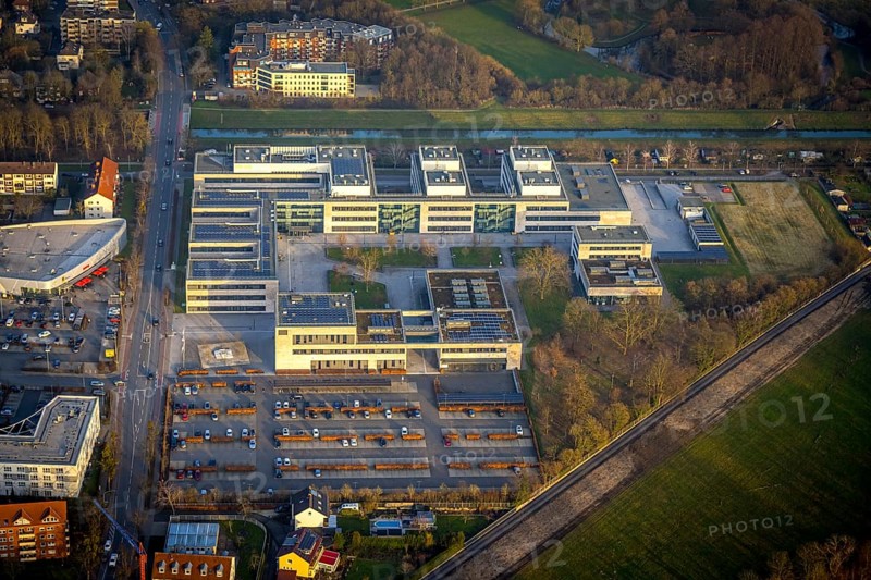 ATTENTION Photos with partial blurring created by tilt technique on the lens side, aerial photo, Hamm-Lippstadt University of Applied Sciences HSHL, centre, Hamm, Ruhr area, North Rhine-Westphalia, Germany