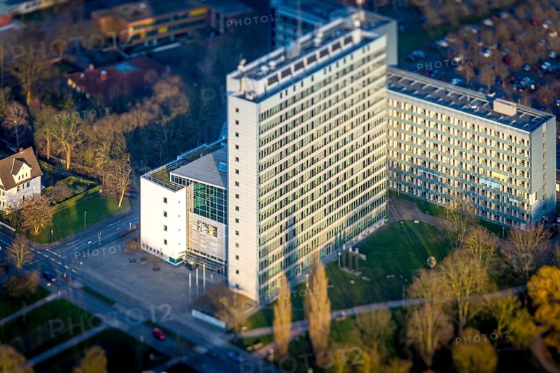 ATTENTION Photos with partial blurring created by tilt technique on the lens side, aerial view, Hamm Higher Regional Court high-rise building, centre, Hamm, Ruhr area, North Rhine-Westphalia, Germany