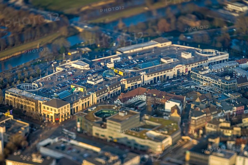 ATTENTION Photos with partial blurring caused by tilt technique on the lens side, aerial view, Allee-Center with parking deck, centre, Hamm, Ruhr area, North Rhine-Westphalia, Germany