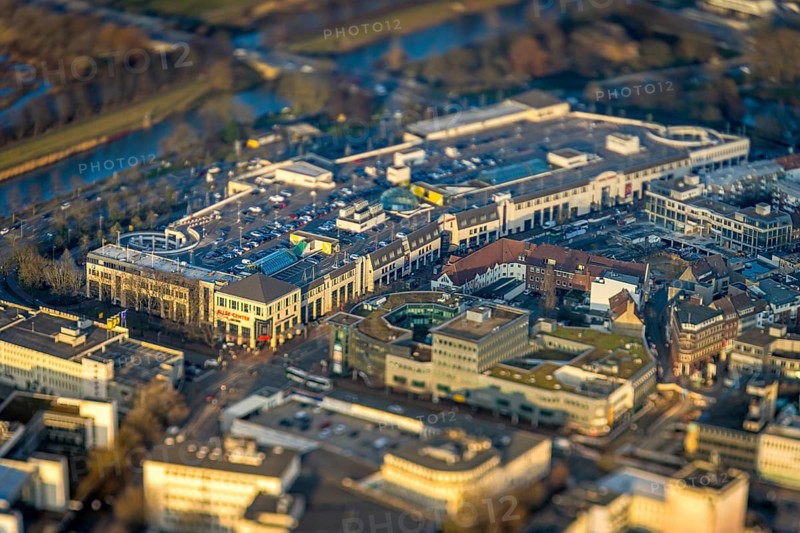 ATTENTION Photos with partial blurring caused by tilt technique on the lens side, aerial view, Allee-Center with parking deck, centre, Hamm, Ruhr area, North Rhine-Westphalia, Germany