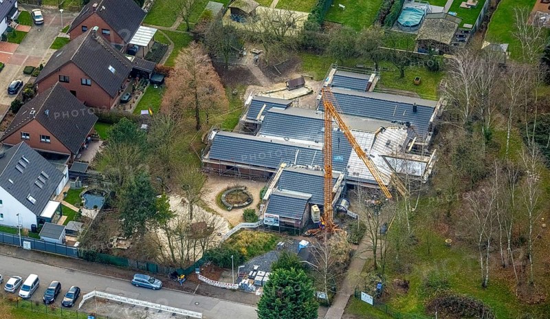 Aerial view, Arche Noah Herringen day care centre construction site, Herringen district, Hamm, Ruhr area, North Rhine-Westphalia, Germany